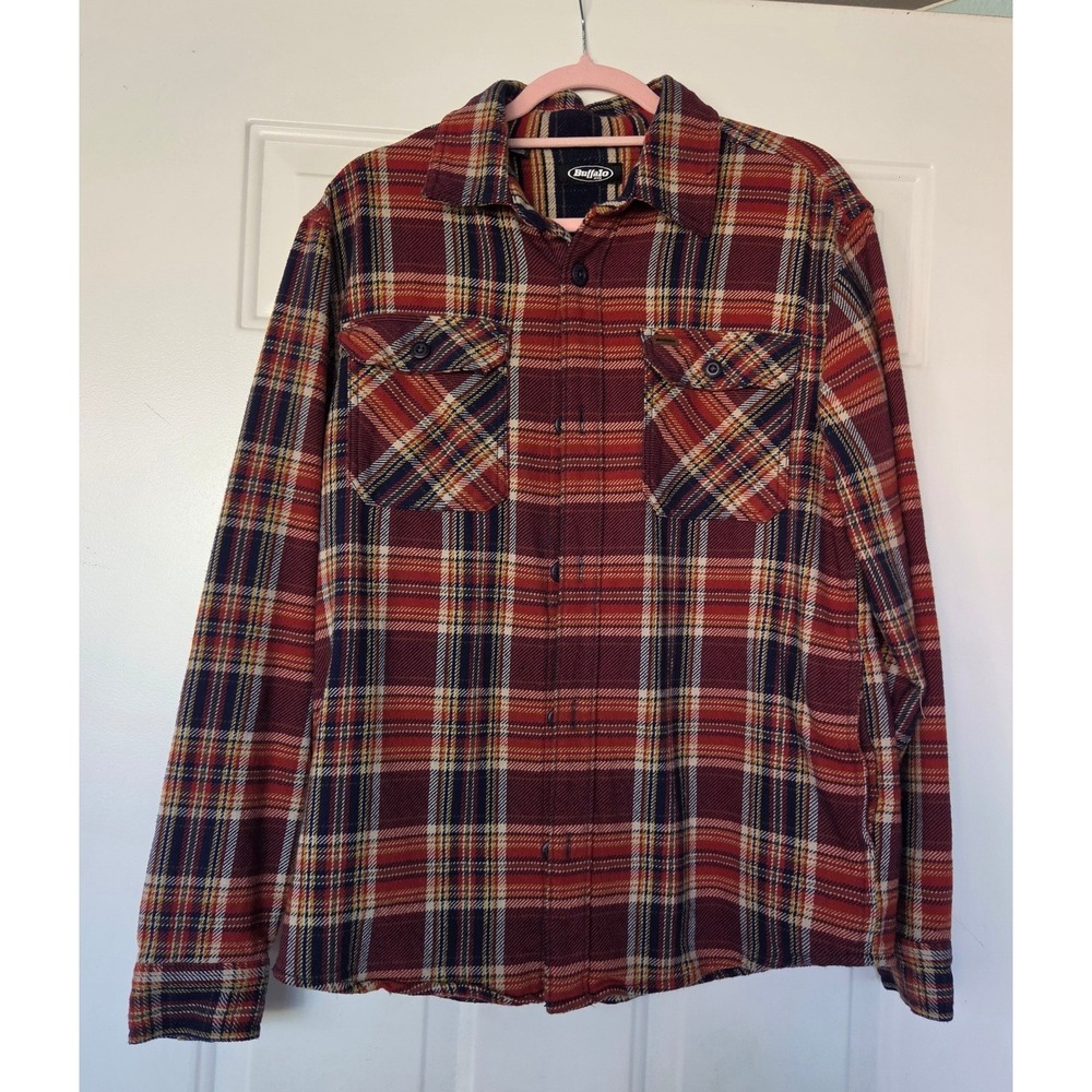 Buffalo David Bitton Mens Flannel Shirt Red Navy Blue Plaid Long Sleeve S